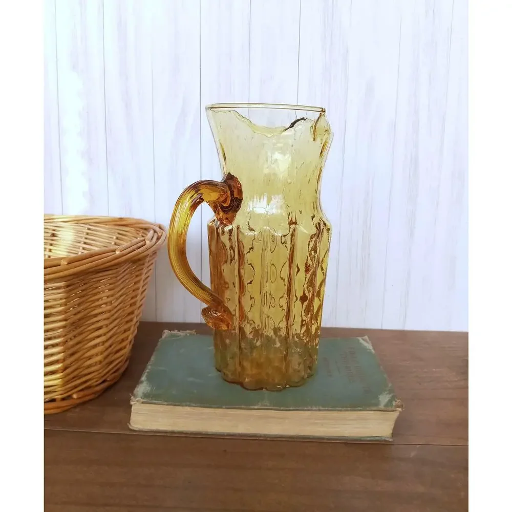 Vintage Amber Ribbed Glass Pitcher - Picture 3 of 8